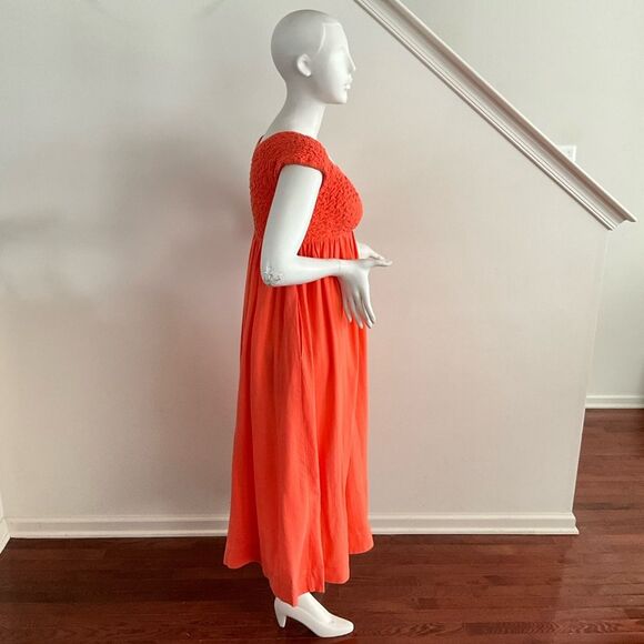 Free People All Eyes On You Smocked Midi Vibrant Orange Dress L - Picture 8 of 10